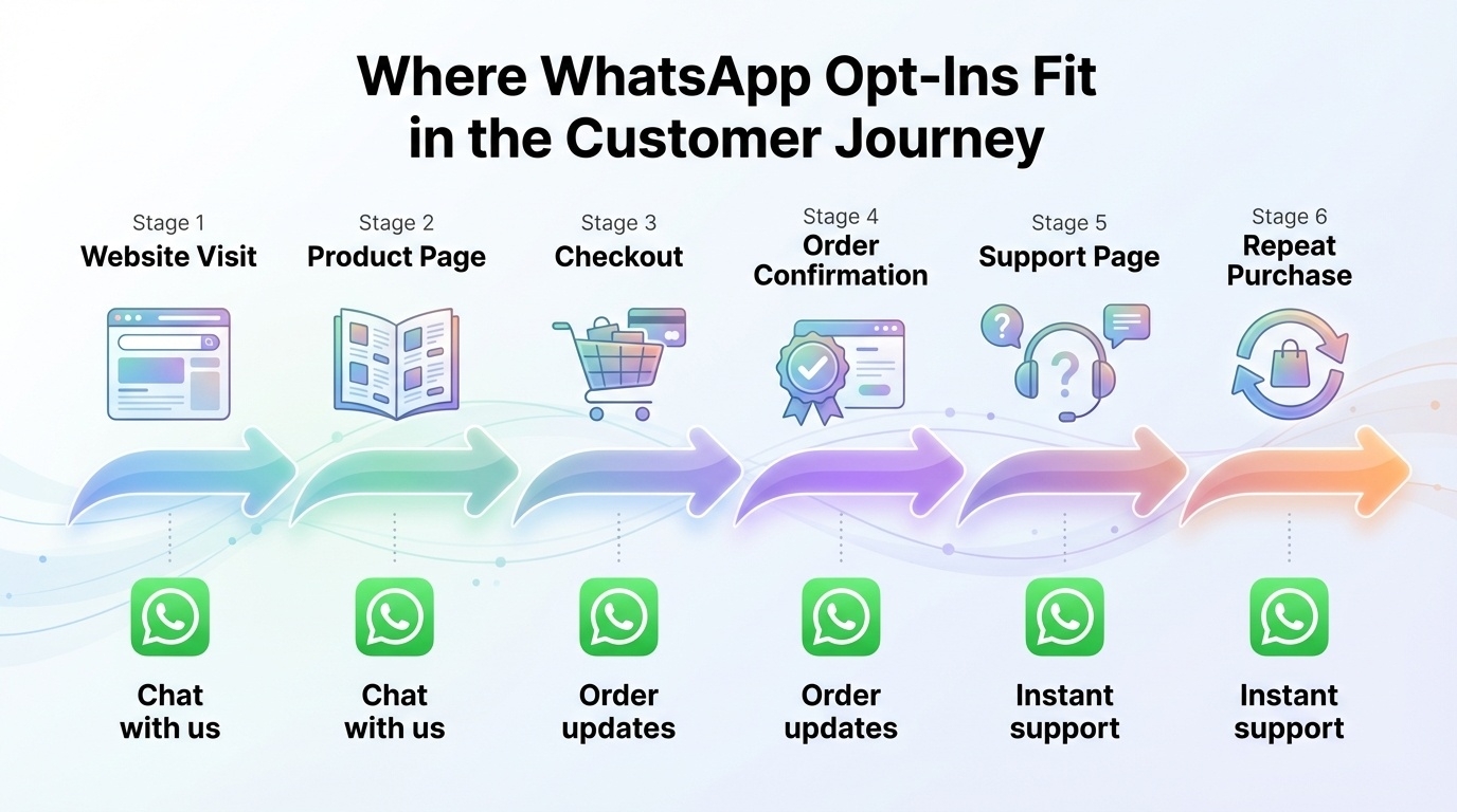 Customer journey infographic showing WhatsApp opt-in touchpoints from website visit to repeat purchase - 6 key stages with messaging integration